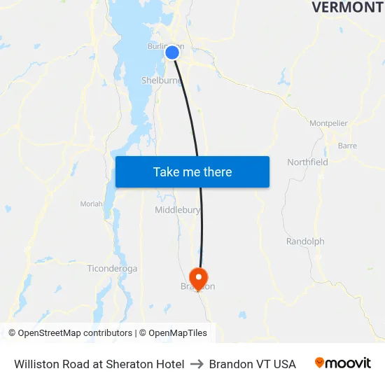 Williston Road at Sheraton Hotel to Brandon VT USA map