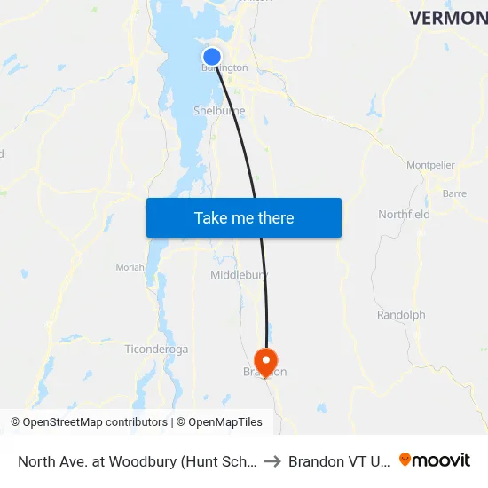North Ave. at Woodbury (Hunt School) to Brandon VT USA map