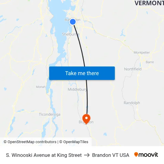 S. Winooski Avenue at King Street to Brandon VT USA map