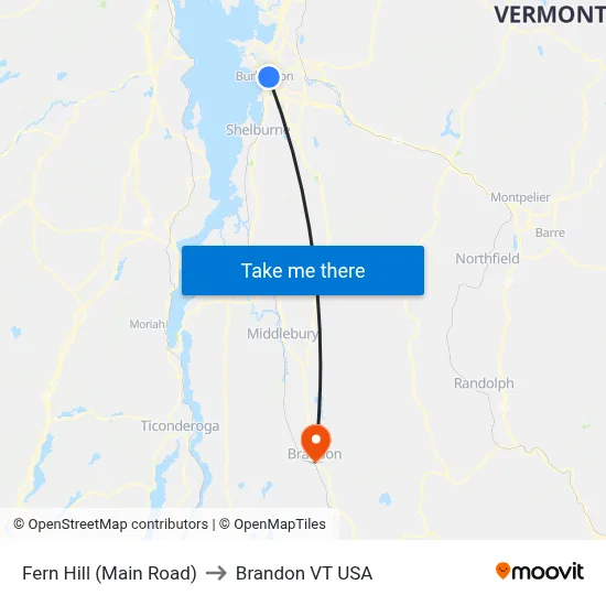 Fern Hill (Main Road) to Brandon VT USA map