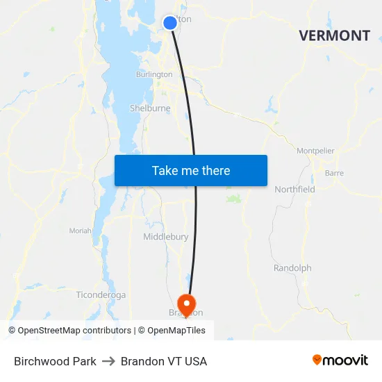 Birchwood Park to Brandon VT USA map