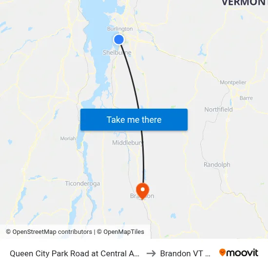 Queen City Park Road at Central Avenue to Brandon VT USA map