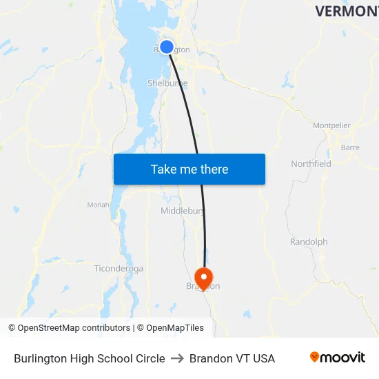 Burlington High School Circle to Brandon VT USA map