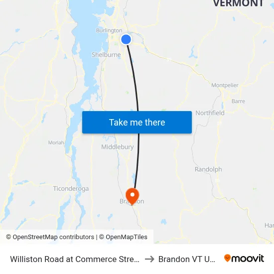 Williston Road at Commerce Street to Brandon VT USA map