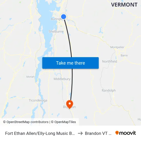 Fort Ethan Allen/Elly-Long Music Building to Brandon VT USA map