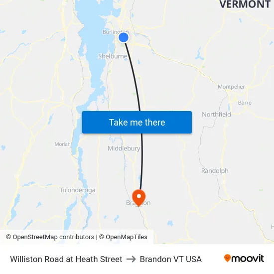 Williston Road at Heath Street to Brandon VT USA map