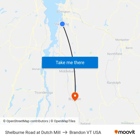 Shelburne Road at Dutch Mill to Brandon VT USA map