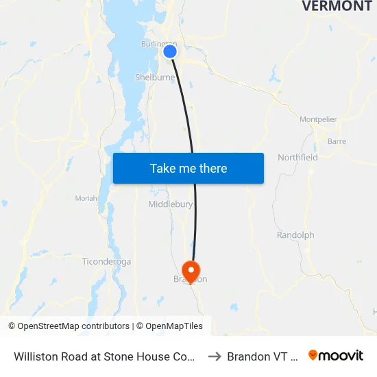Williston Road at Stone House Commons to Brandon VT USA map