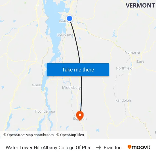 Water Tower Hill/Albany College Of Pharmacy And Health Sciences to Brandon VT USA map