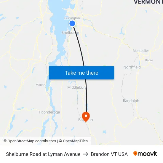 Shelburne Road at Lyman Avenue to Brandon VT USA map
