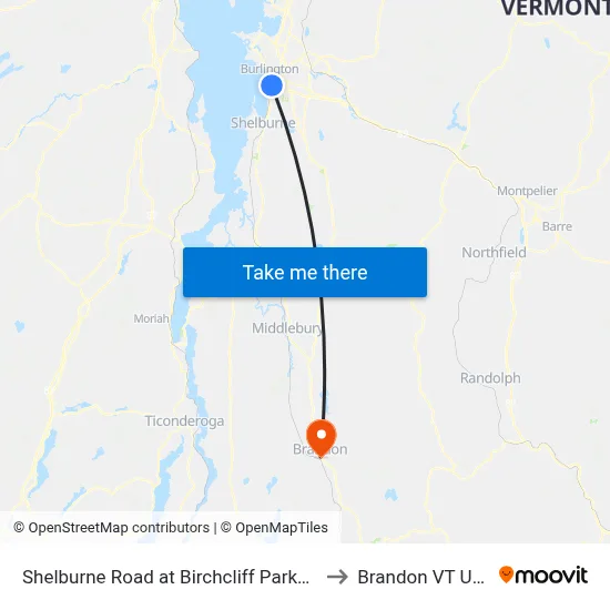 Shelburne Road at Birchcliff Parkway to Brandon VT USA map