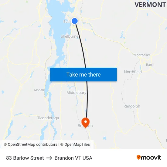 83 Barlow Street to Brandon VT USA map