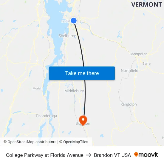 College Parkway at Florida Avenue to Brandon VT USA map