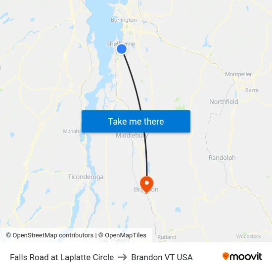 Falls Road at Laplatte Circle to Brandon VT USA map