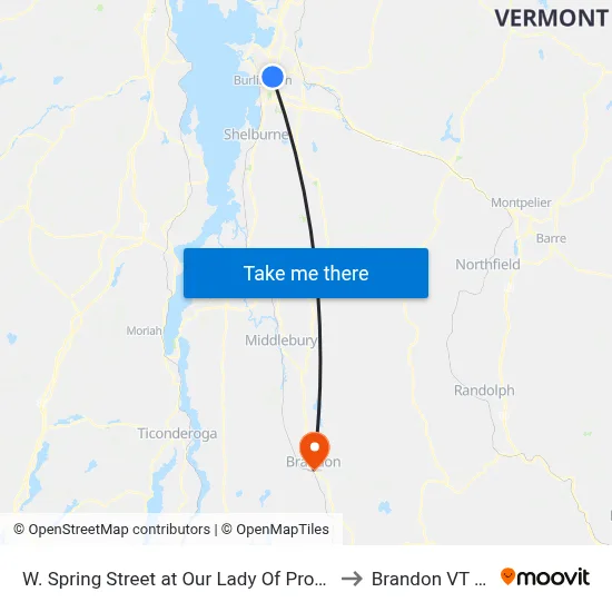 W. Spring Street at Our Lady Of Providence to Brandon VT USA map