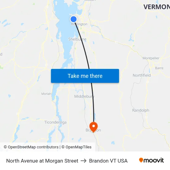North Avenue at Morgan Street to Brandon VT USA map