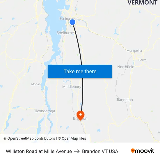 Williston Road at Mills Avenue to Brandon VT USA map