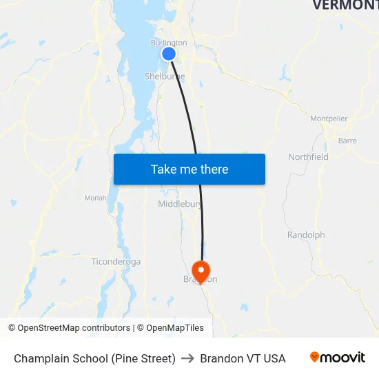 Champlain School (Pine Street) to Brandon VT USA map