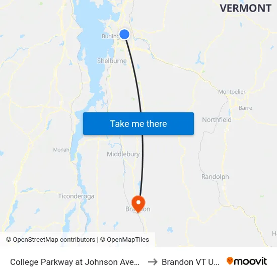 College Parkway at Johnson Avenue to Brandon VT USA map