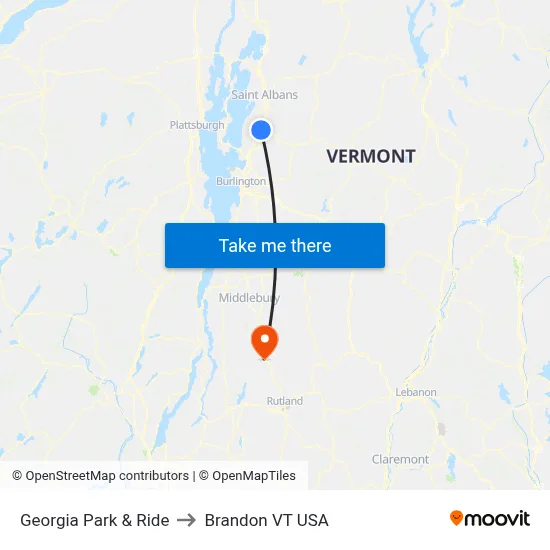 Georgia Park & Ride to Brandon VT USA map