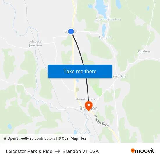 Leicester Park & Ride to Brandon VT USA map