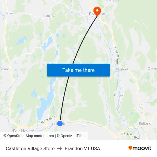 Castleton Village Store to Brandon VT USA map