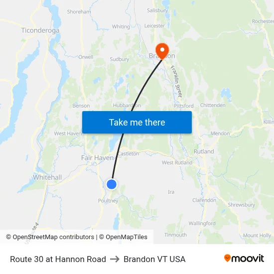 Route 30 at Hannon Road to Brandon VT USA map