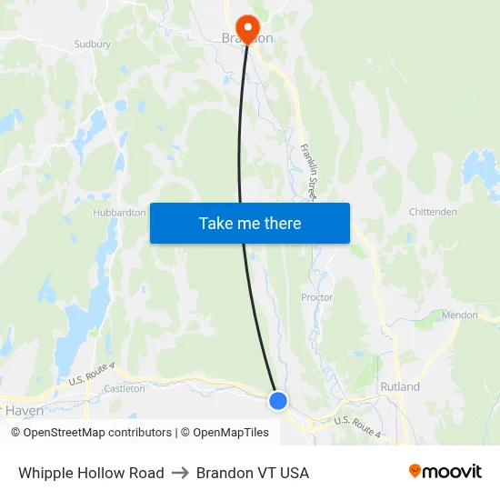 Whipple Hollow Road to Brandon VT USA map