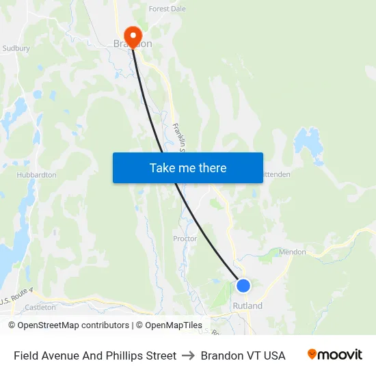 Field Avenue And Phillips Street to Brandon VT USA map