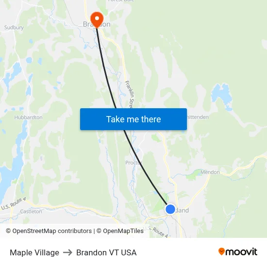 Maple Village to Brandon VT USA map