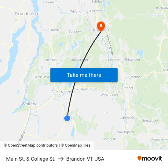 Main St. & College St. to Brandon VT USA map