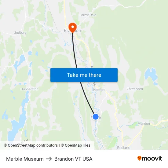 Marble Museum to Brandon VT USA map
