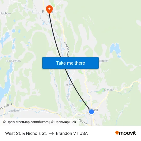 West St. & Nichols St. to Brandon VT USA map
