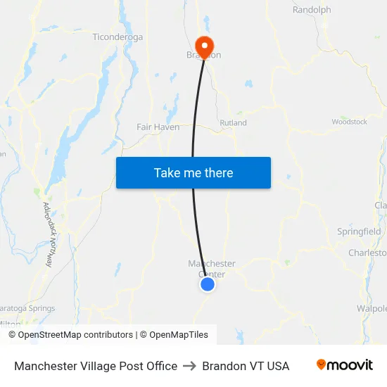 Manchester Village Post Office to Brandon VT USA map