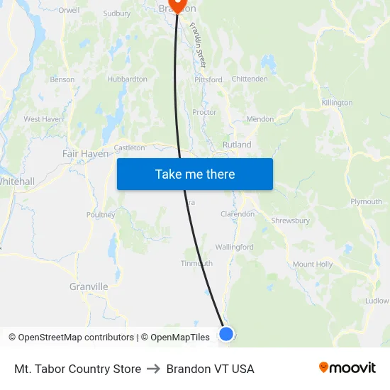 Mt. Tabor Country Store to Brandon VT USA map