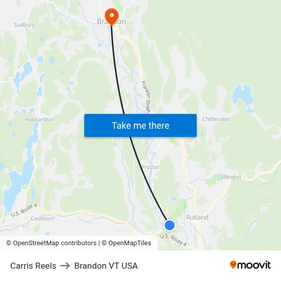Carris Reels to Brandon VT USA map