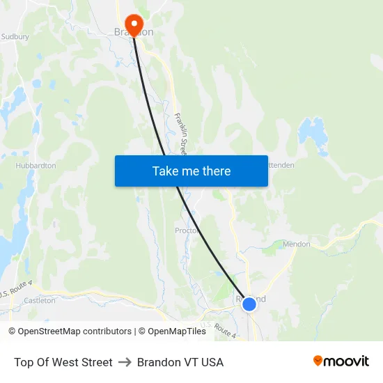 Top Of West Street to Brandon VT USA map