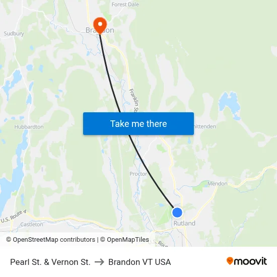 Pearl St. & Vernon St. to Brandon VT USA map