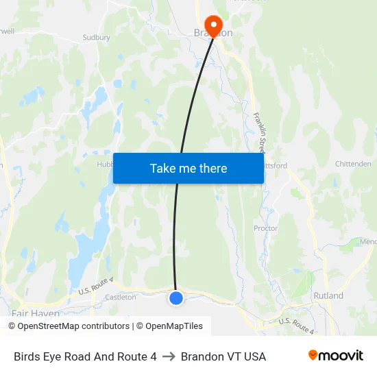 Birds Eye Road And Route 4 to Brandon VT USA map
