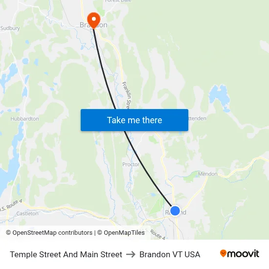 Temple Street And Main Street to Brandon VT USA map