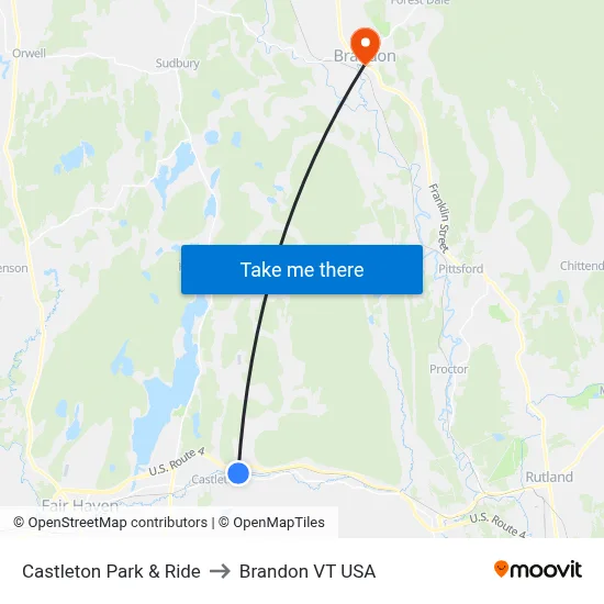 Castleton Park & Ride to Brandon VT USA map