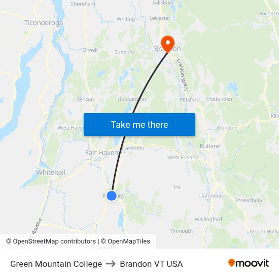 Green Mountain College to Brandon VT USA map