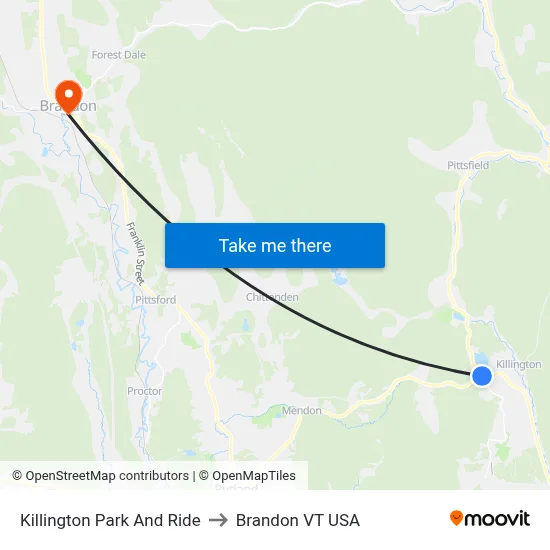 Killington Park And Ride to Brandon VT USA map
