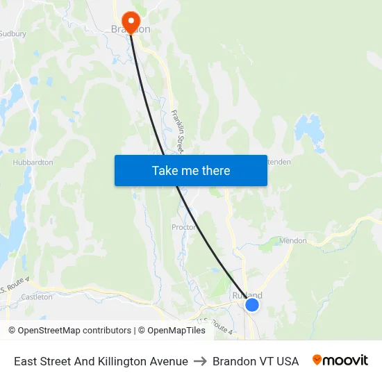 East Street And Killington Avenue to Brandon VT USA map