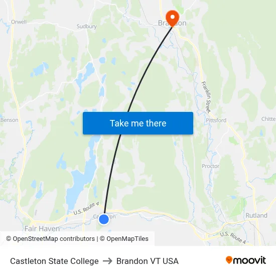 Castleton State College to Brandon VT USA map