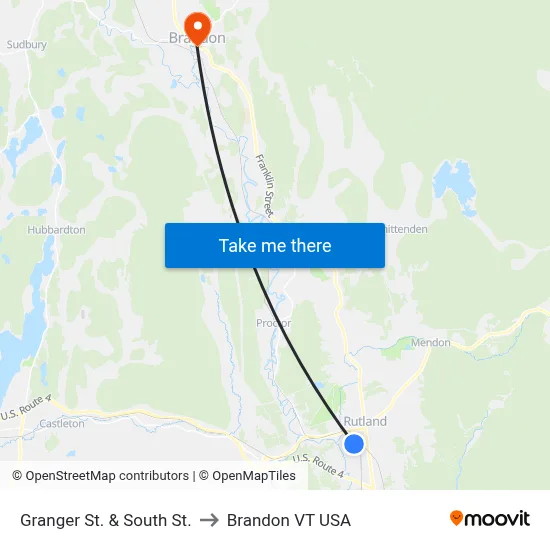 Granger St. & South St. to Brandon VT USA map