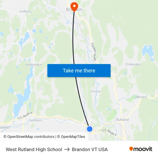 West Rutland High School to Brandon VT USA map