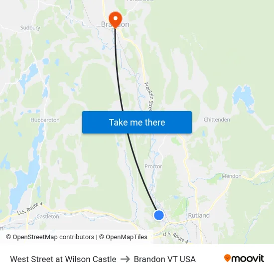 West Street at Wilson Castle to Brandon VT USA map
