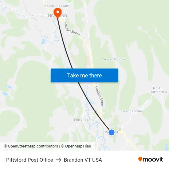 Pittsford Post Office to Brandon VT USA map