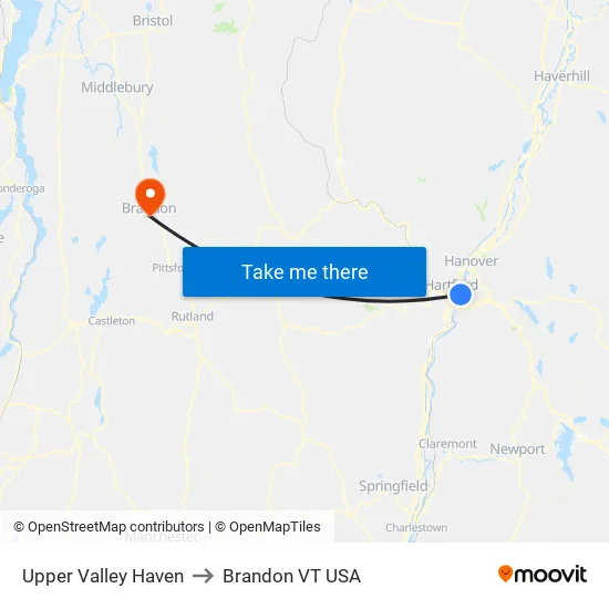 Upper Valley Haven to Brandon VT USA map